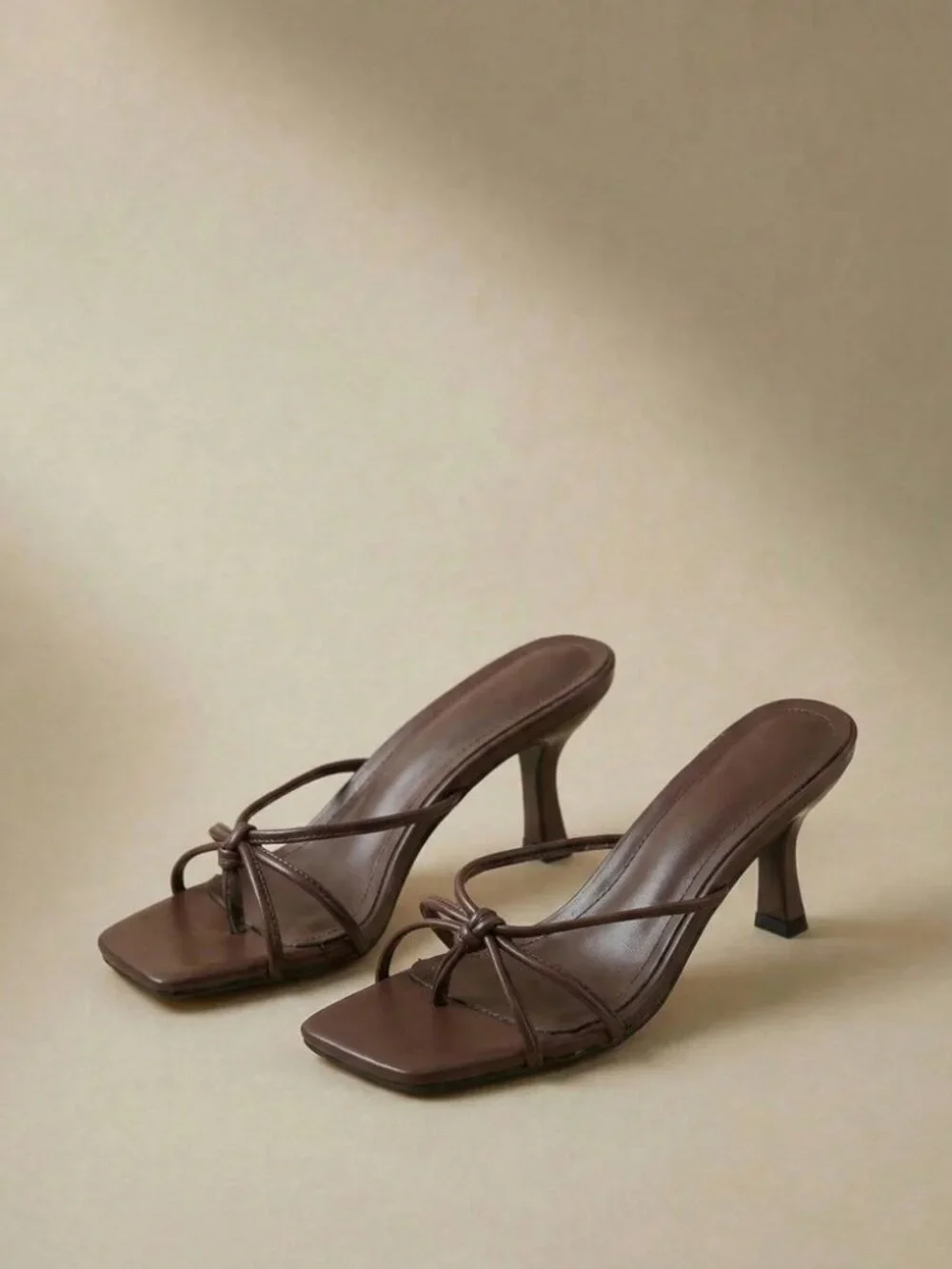Brown Vegan Leather Strappy Knot Toe Ring Heeled Sandals